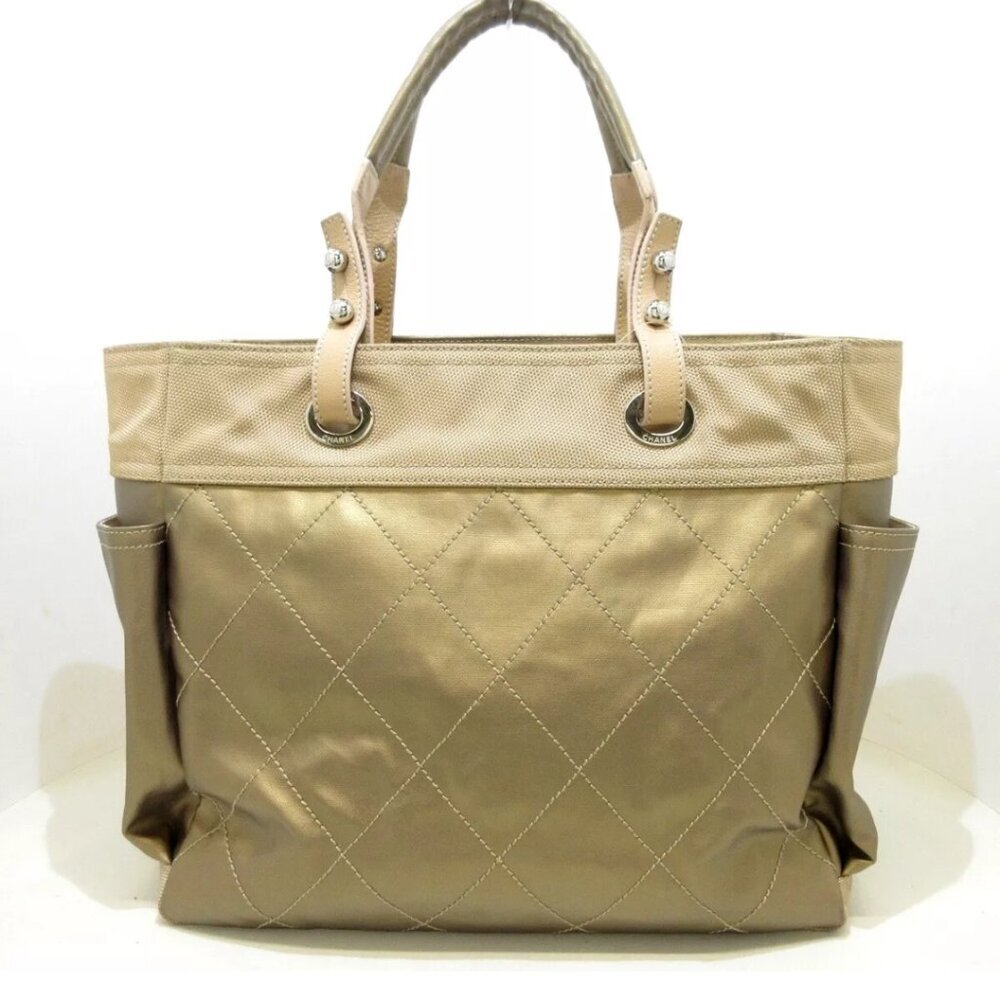 100% Authentic CHANEL Paris Biarritz Tote GM Gold Beige Coated Canvas Nylon - Picture 2 of 14